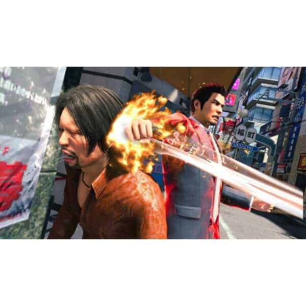 Explosive action scene from a video game featuring two characters fighting in an urban setting.