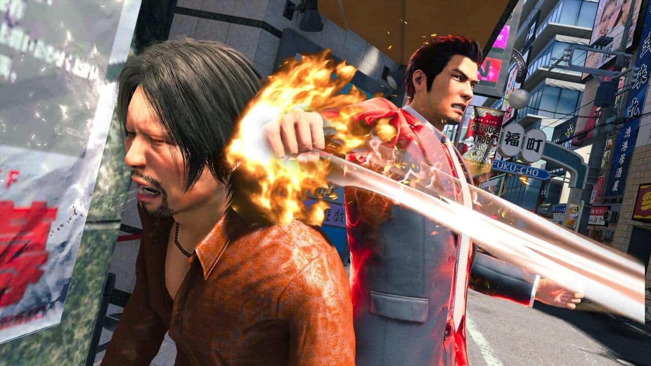 Explosive action scene from a video game featuring two characters fighting in an urban setting.