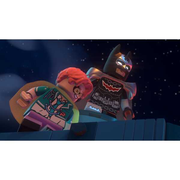 LEGO Batman and Harley Quinn minifigures in space scene from LEGO set.