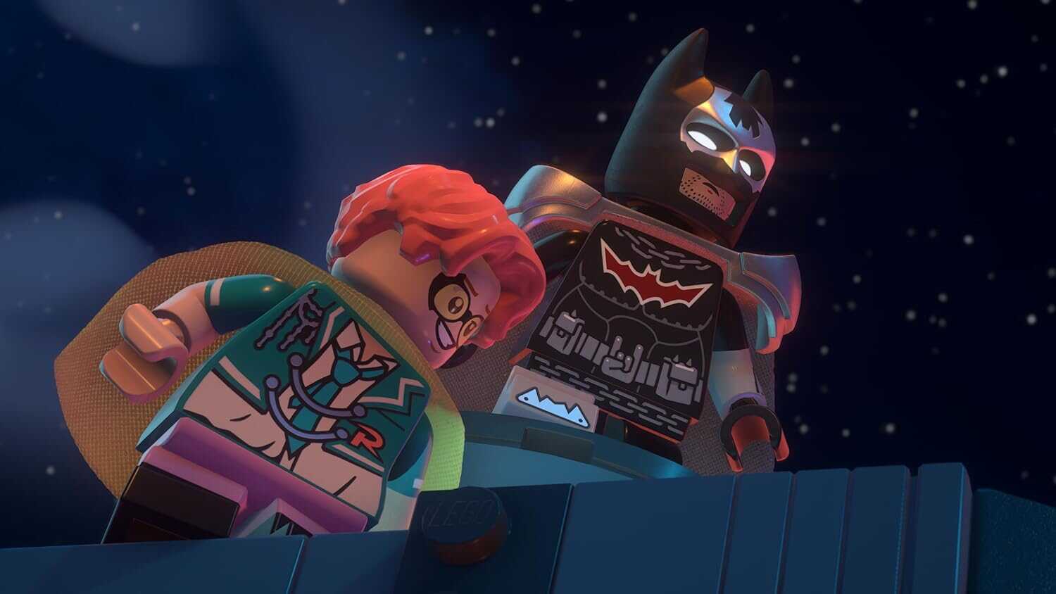 LEGO Batman and Harley Quinn minifigures in space scene from LEGO set.