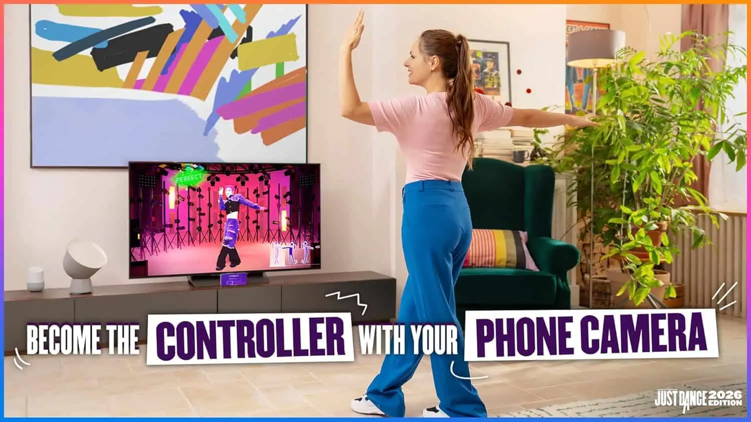 Woman using motion control with phone camera for interactive gaming at home.