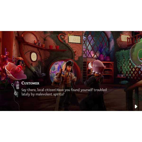 Fantasy game scene with characters in a cozy, colorful interior setting.