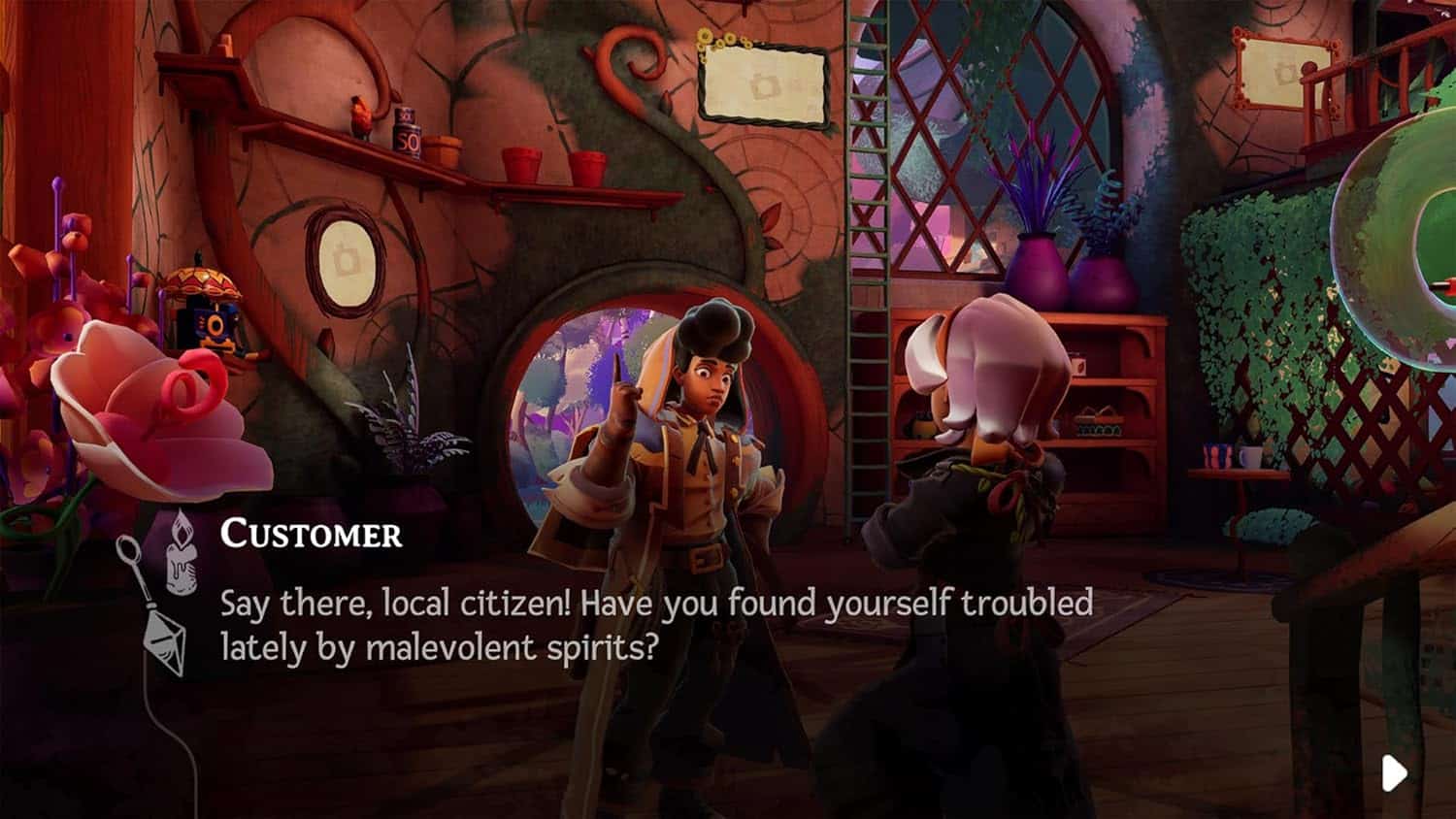 Fantasy game scene with characters in a cozy, colorful interior setting.
