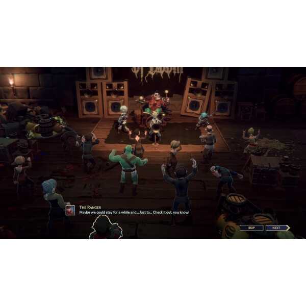 Epic dungeon battle scene with diverse characters fighting on stage, featuring vibrant lighting and.