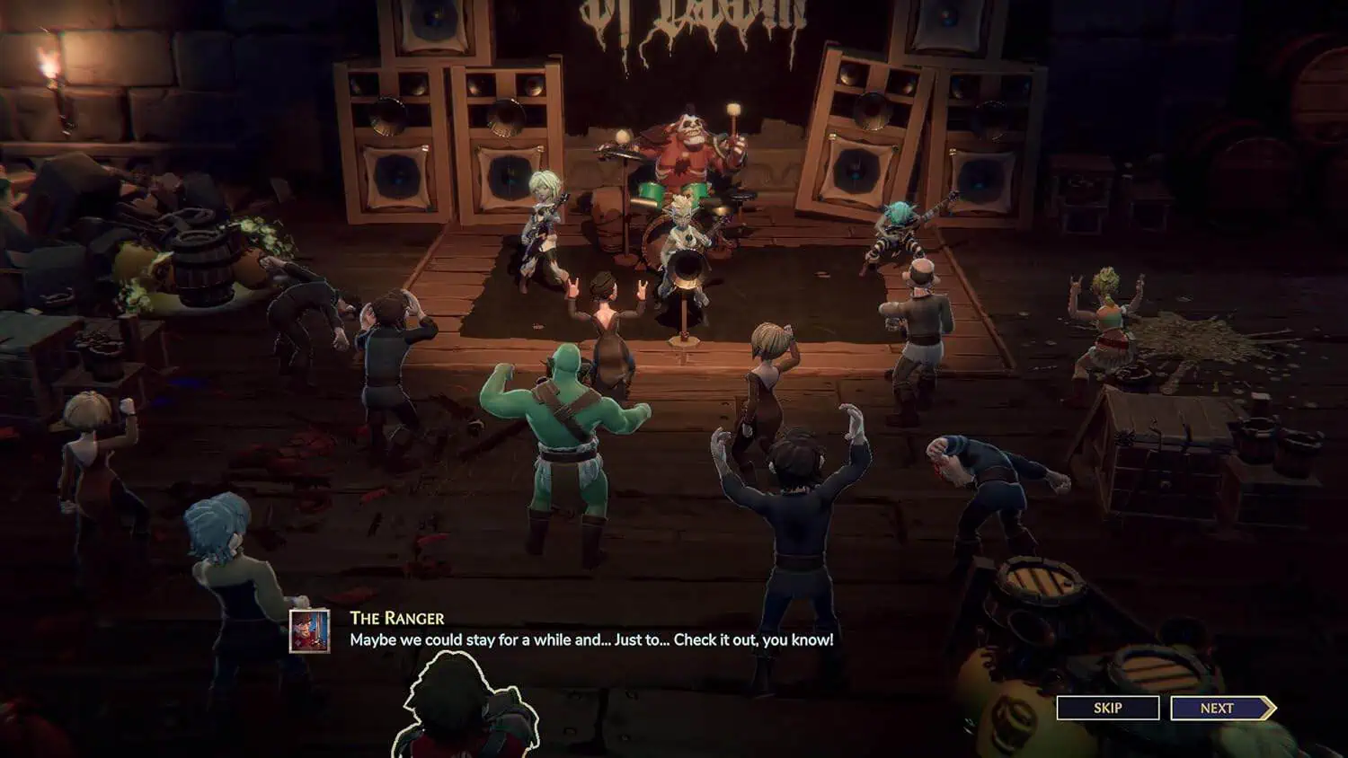 Epic dungeon battle scene with diverse characters fighting on stage, featuring vibrant lighting and.