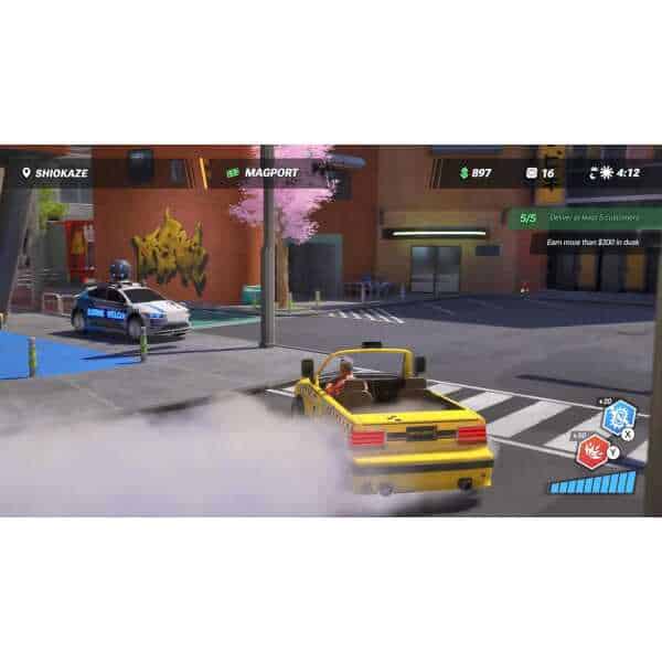 Yellow taxi driving through city street in Taxi Chaos 2 game.