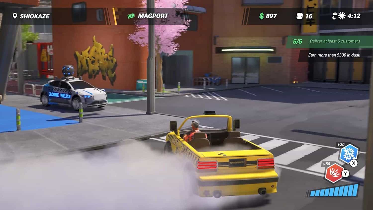 Yellow taxi driving through city street in Taxi Chaos 2 game.