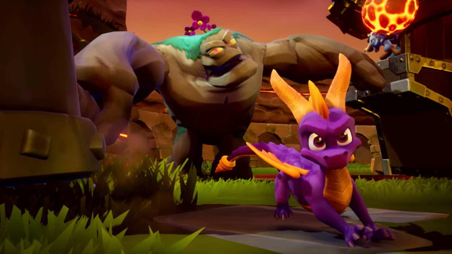 Dragon and monster characters from Spyro Reignited Trilogy in a vibrant, animated scene.