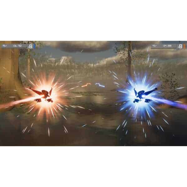 Two characters wielding glowing swords clash in water with sparks flying.