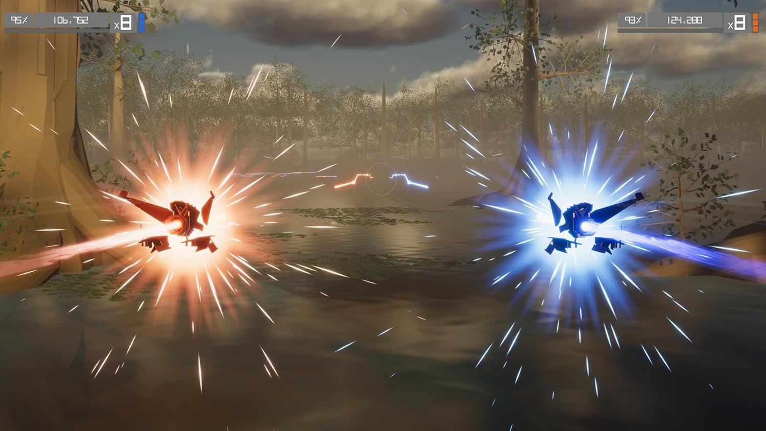 Two characters wielding glowing swords clash in water with sparks flying.