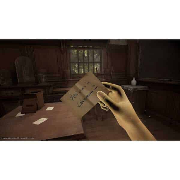 Vintage classroom scene with wooden desks and a hand holding a note.