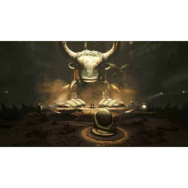 Large horned beast statue in a dark, atmospheric setting for Resonance game.