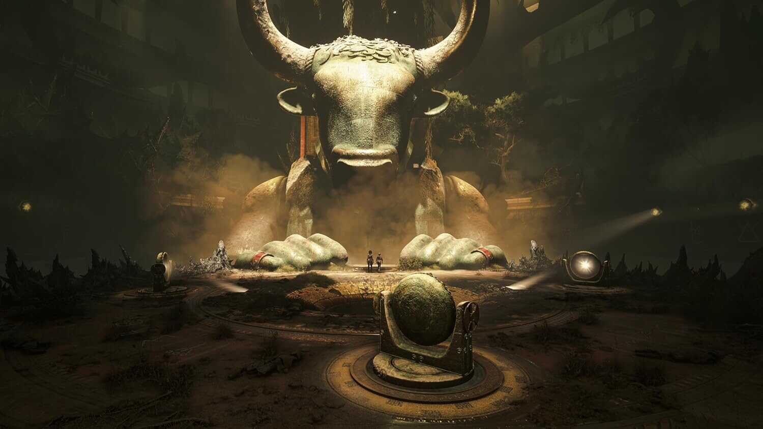 Large horned beast statue in a dark, atmospheric setting for Resonance game.
