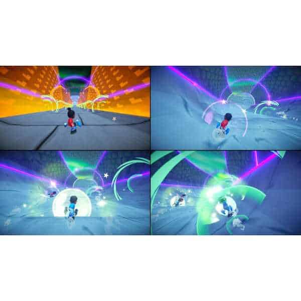 Player running through a vibrant neon tunnel in Instant Sports 2 game.