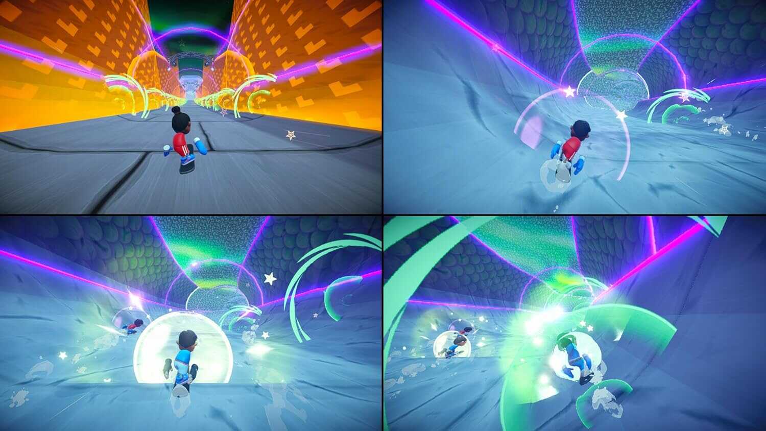 Player running through a vibrant neon tunnel in Instant Sports 2 game.