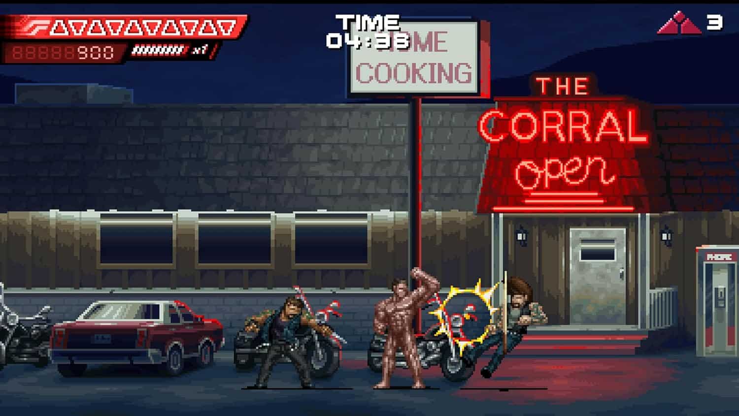 Classic pixel art scene with characters outside a diner at night.