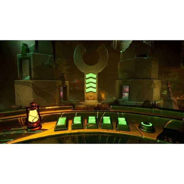 Futuristic game scene with glowing green and yellow elements from Call of the Elder Gods.