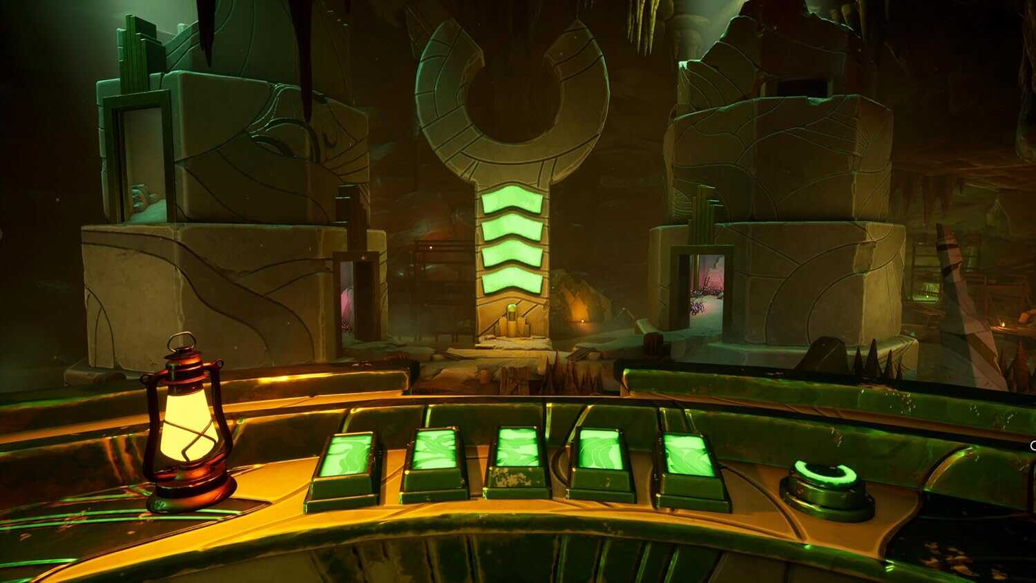 Futuristic game scene with glowing green and yellow elements from Call of the Elder Gods.