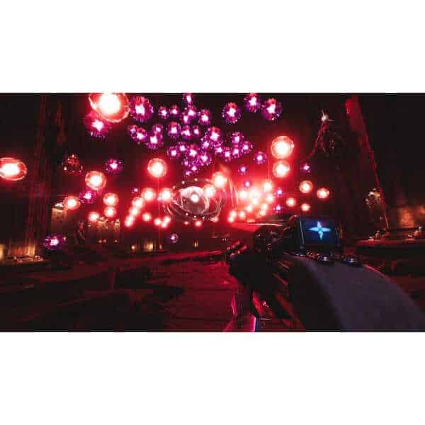 Futuristic concert stage with vibrant pink and purple lights and a weapon in the foreground.