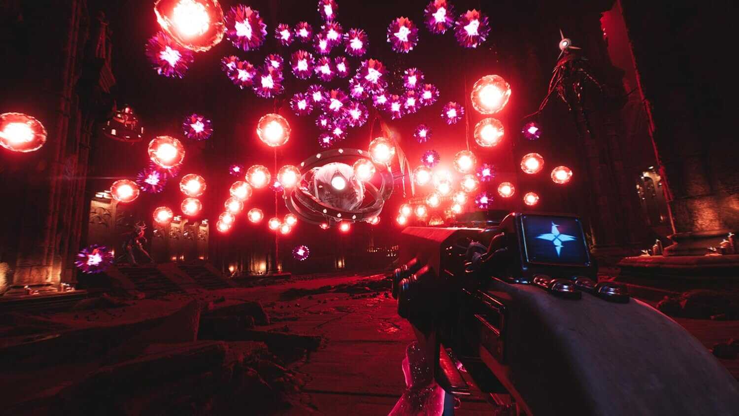 Futuristic concert stage with vibrant pink and purple lights and a weapon in the foreground.