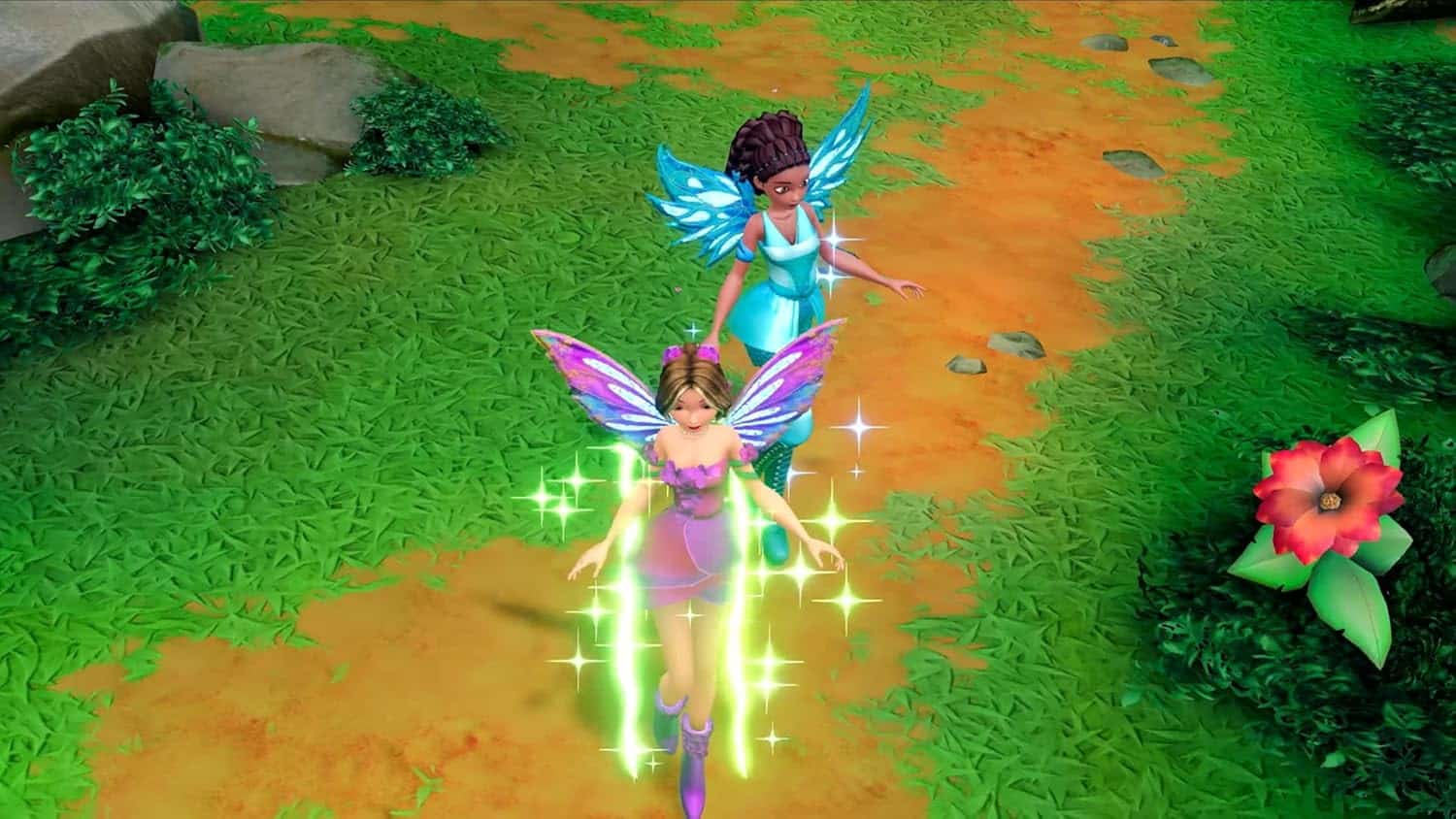 Winx Club fairies flying over a vibrant garden scene.