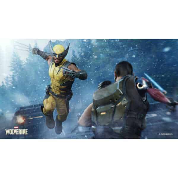 Wolverine in combat with an opponent in a snowy forest setting.