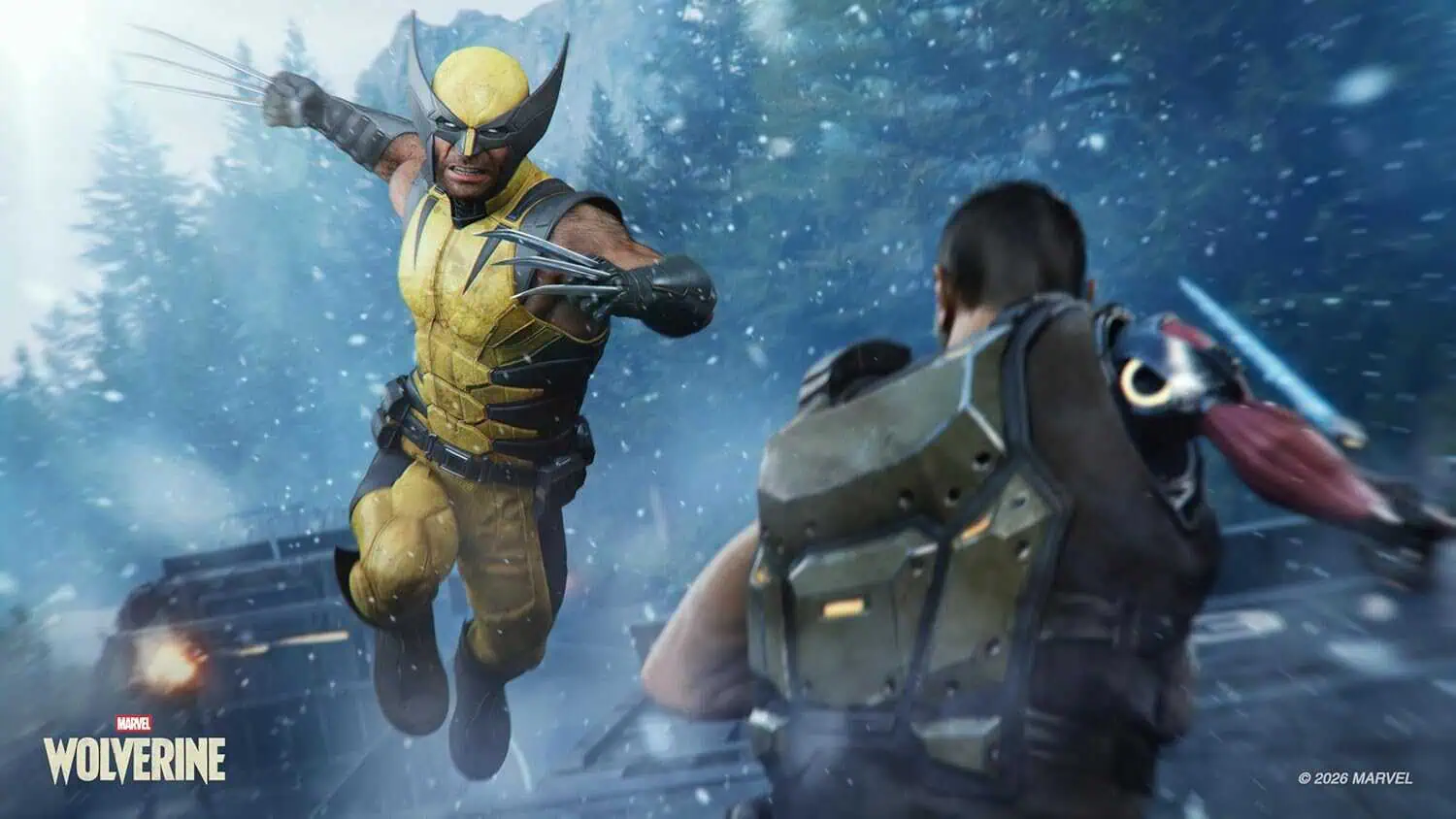 Wolverine in combat with an opponent in a snowy forest setting.