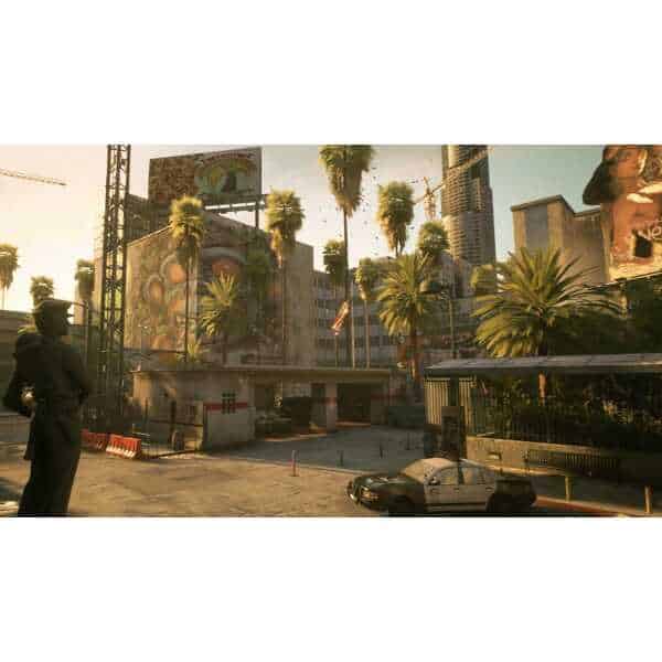 Urban scene from Ready or Not Day 1 Edition with palm trees and city buildings.