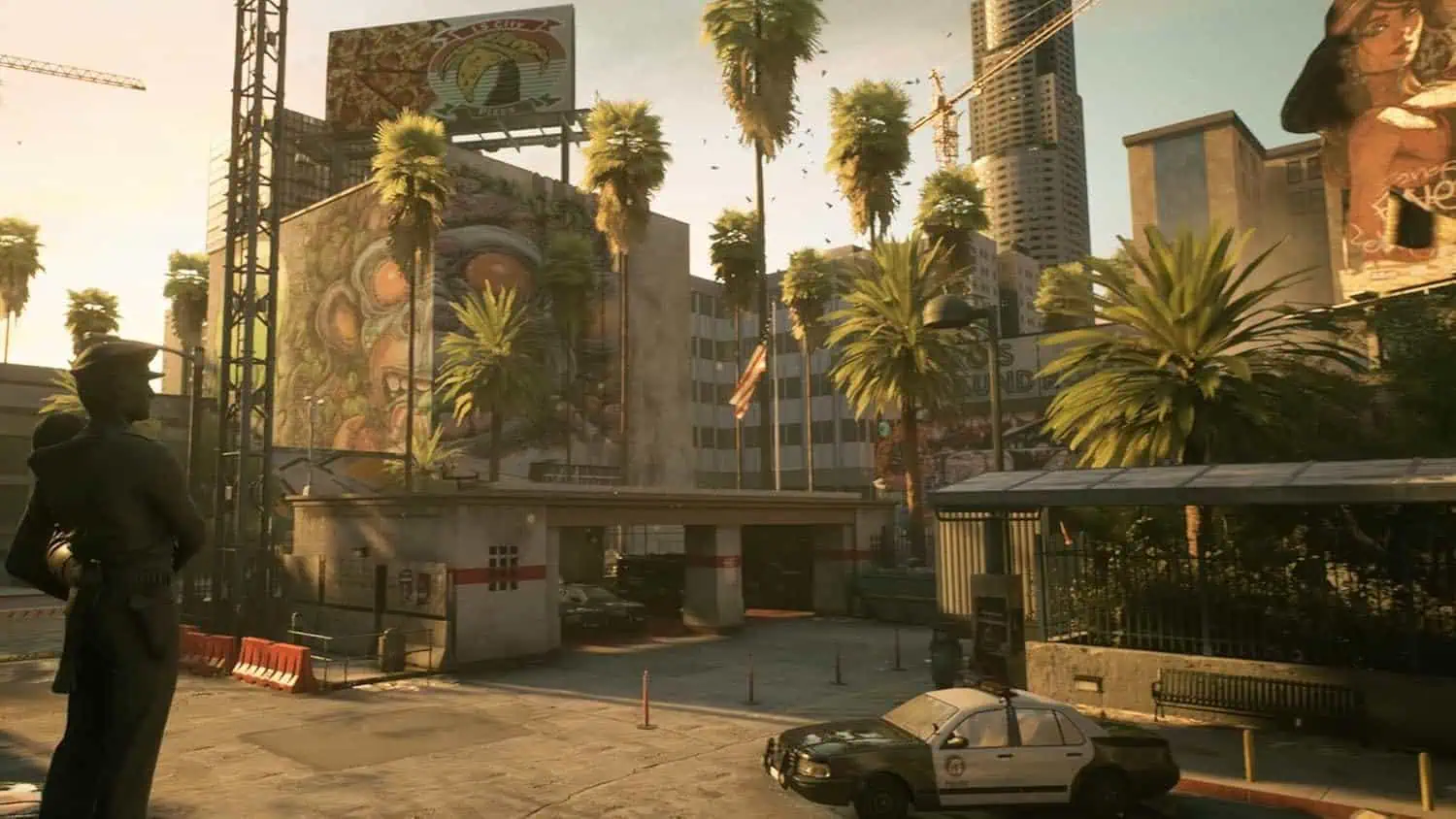 Urban scene from Ready or Not Day 1 Edition with palm trees and city buildings.