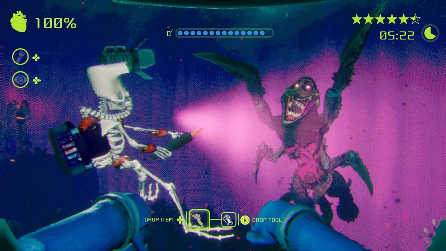 Underwater scene with divers battling a monstrous creature in a game environment.