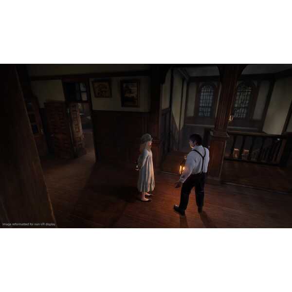 Two characters in period costume in a dimly lit historic building interior.