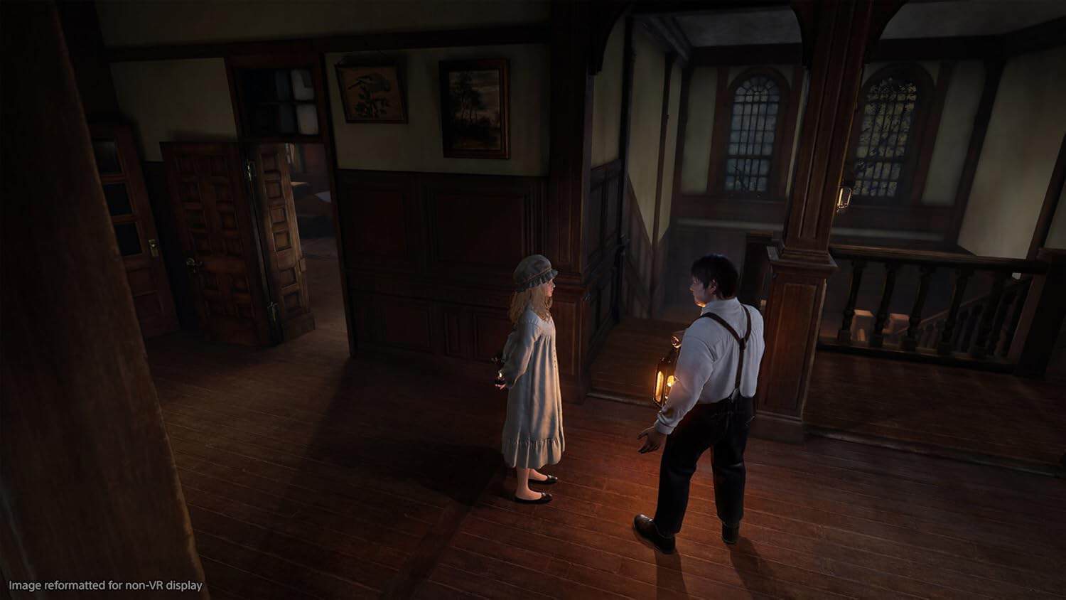 Two characters in period costume in a dimly lit historic building interior.