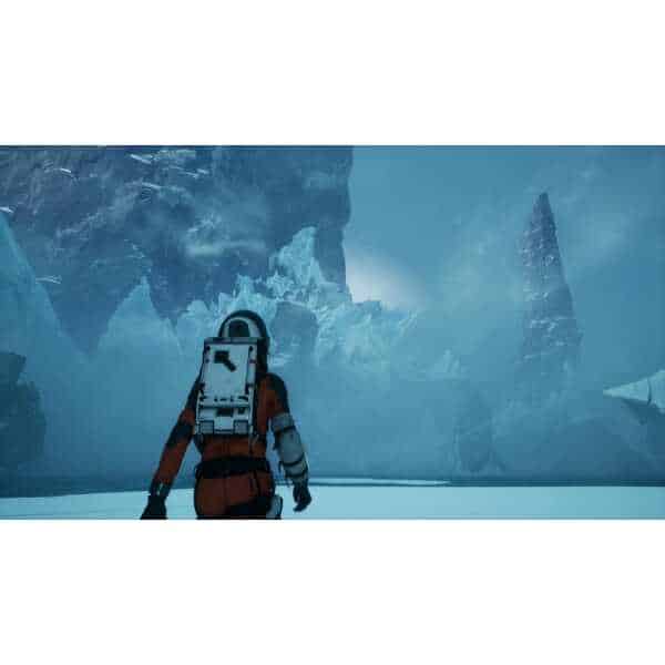 Explorer in icy Arctic landscape with glaciers and icebergs.