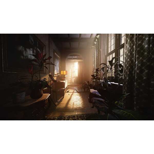Dark, atmospheric room with sunlight streaming through windows and vintage furniture.