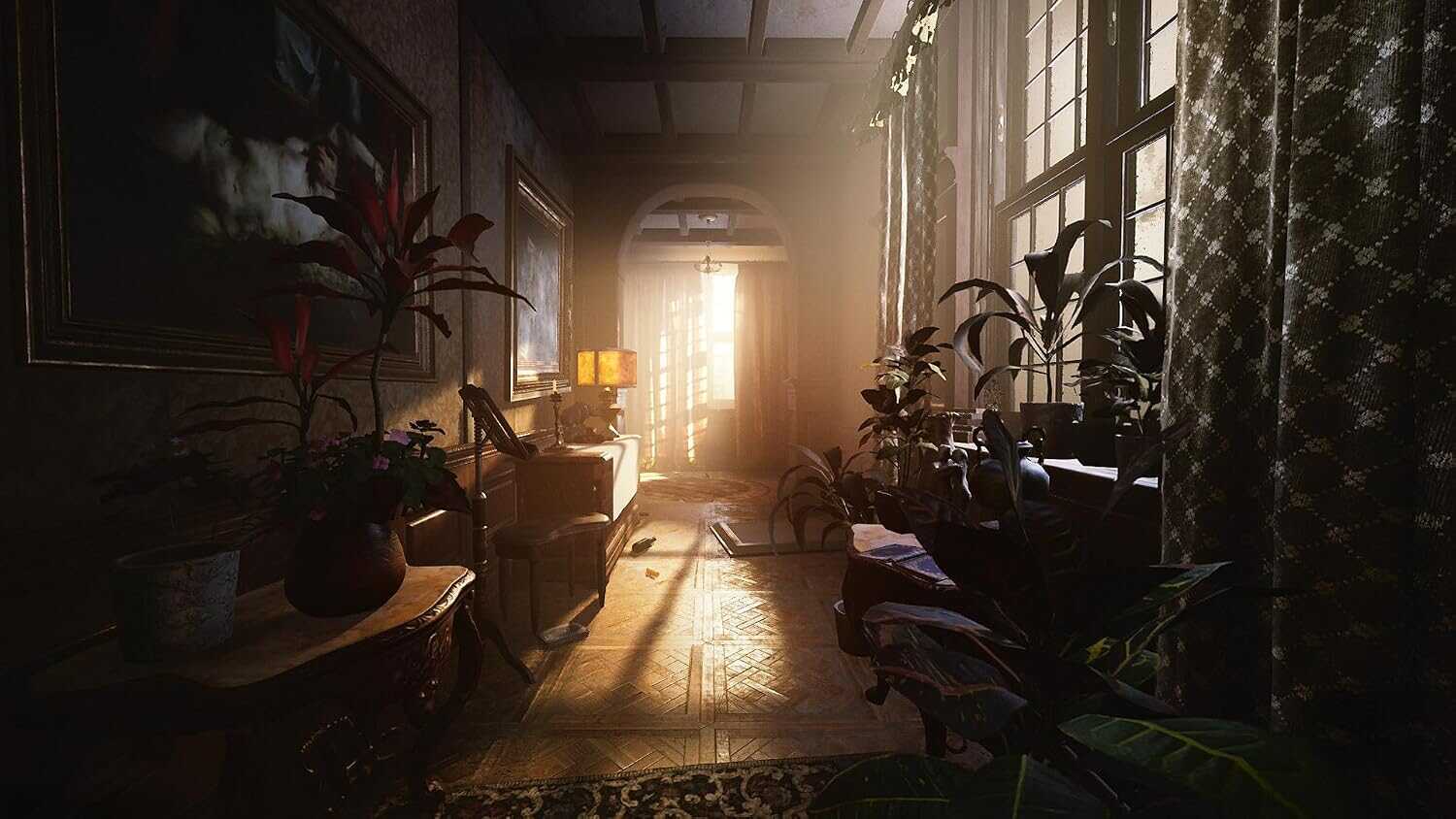 Dark, atmospheric room with sunlight streaming through windows and vintage furniture.