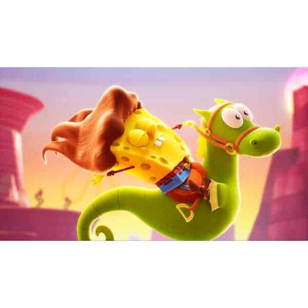 Animated character riding a green dinosaur in a vibrant fantasy landscape.