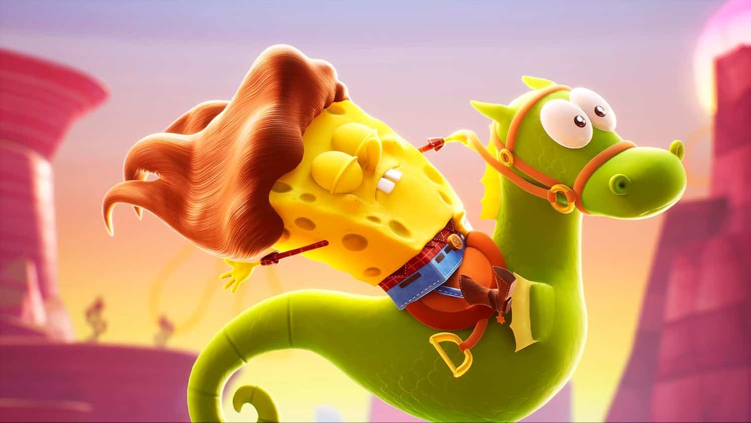 Animated character riding a green dinosaur in a vibrant fantasy landscape.