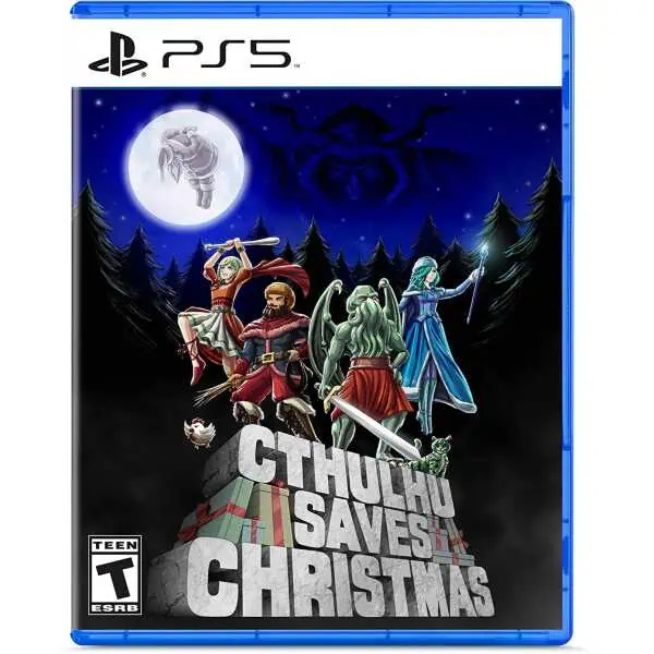 PlayStation 5 game cover for "Cthulhu Saves Christmas" featuring mythic characters and festive night.