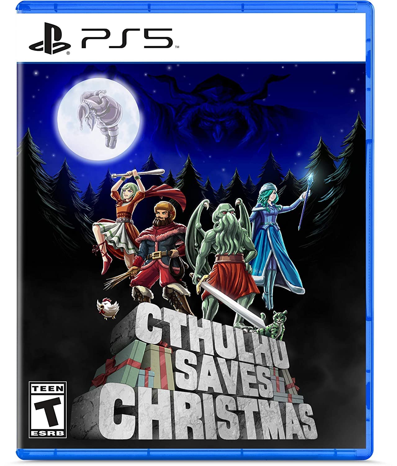 PlayStation 5 game cover for "Cthulhu Saves Christmas" featuring mythic characters and festive night.