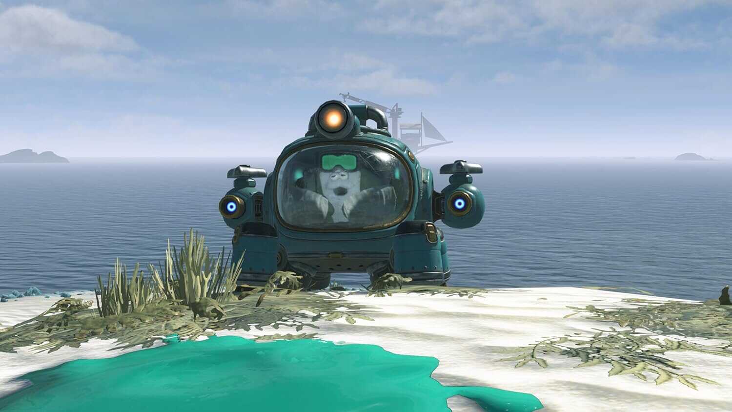 Marine robot from Splatoon Raiders approaching from the sea.