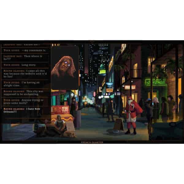 Night city street scene from NORCO game, featuring neon lights, characters, and urban environment.
