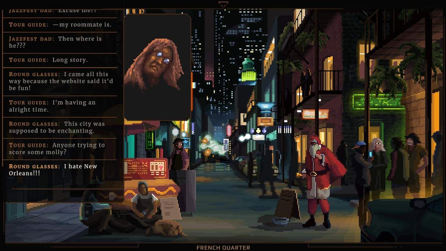 Night city street scene from NORCO game, featuring neon lights, characters, and urban environment.