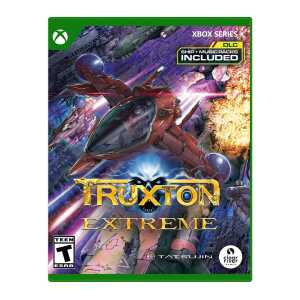 Truxton Extreme Xbox Series X game cover with spaceship and futuristic battle scene.