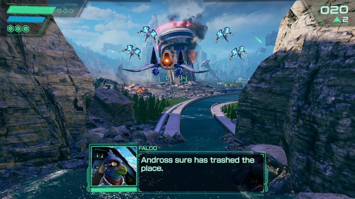 Sci-fi battle scene with flying robots attacking a city with a large alien structure in the backgrou.