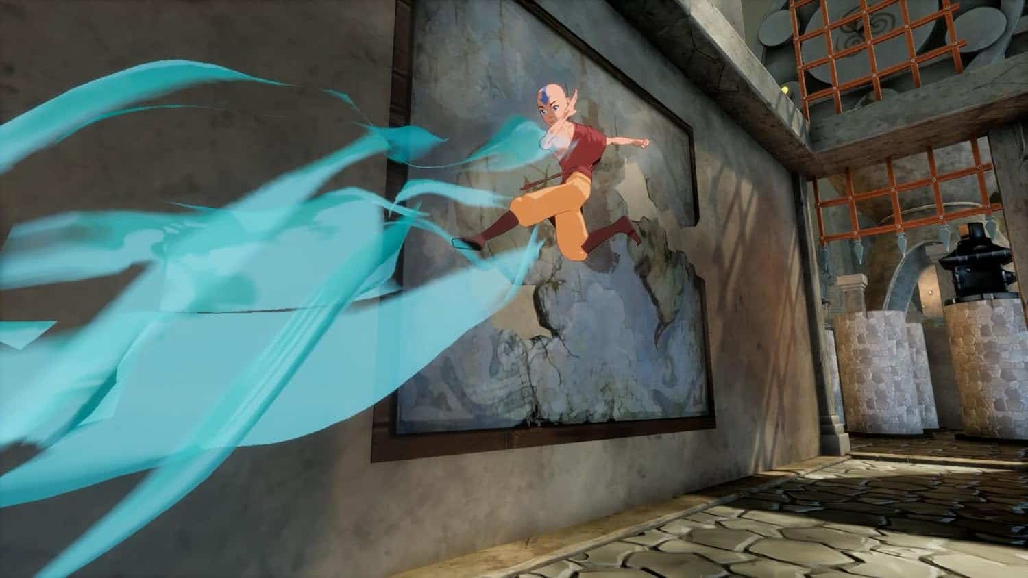 Gaming character jumping through a vibrant, animated mural at Gameware store.