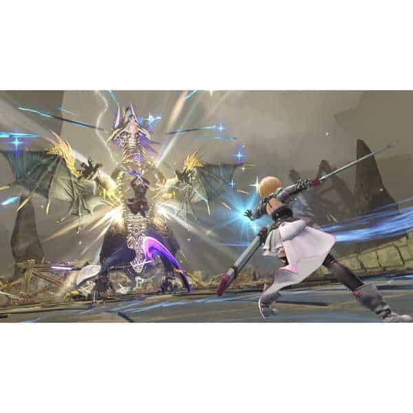 Intense dragon fight scene featuring a hero wielding a spear in a fantasy game environment.