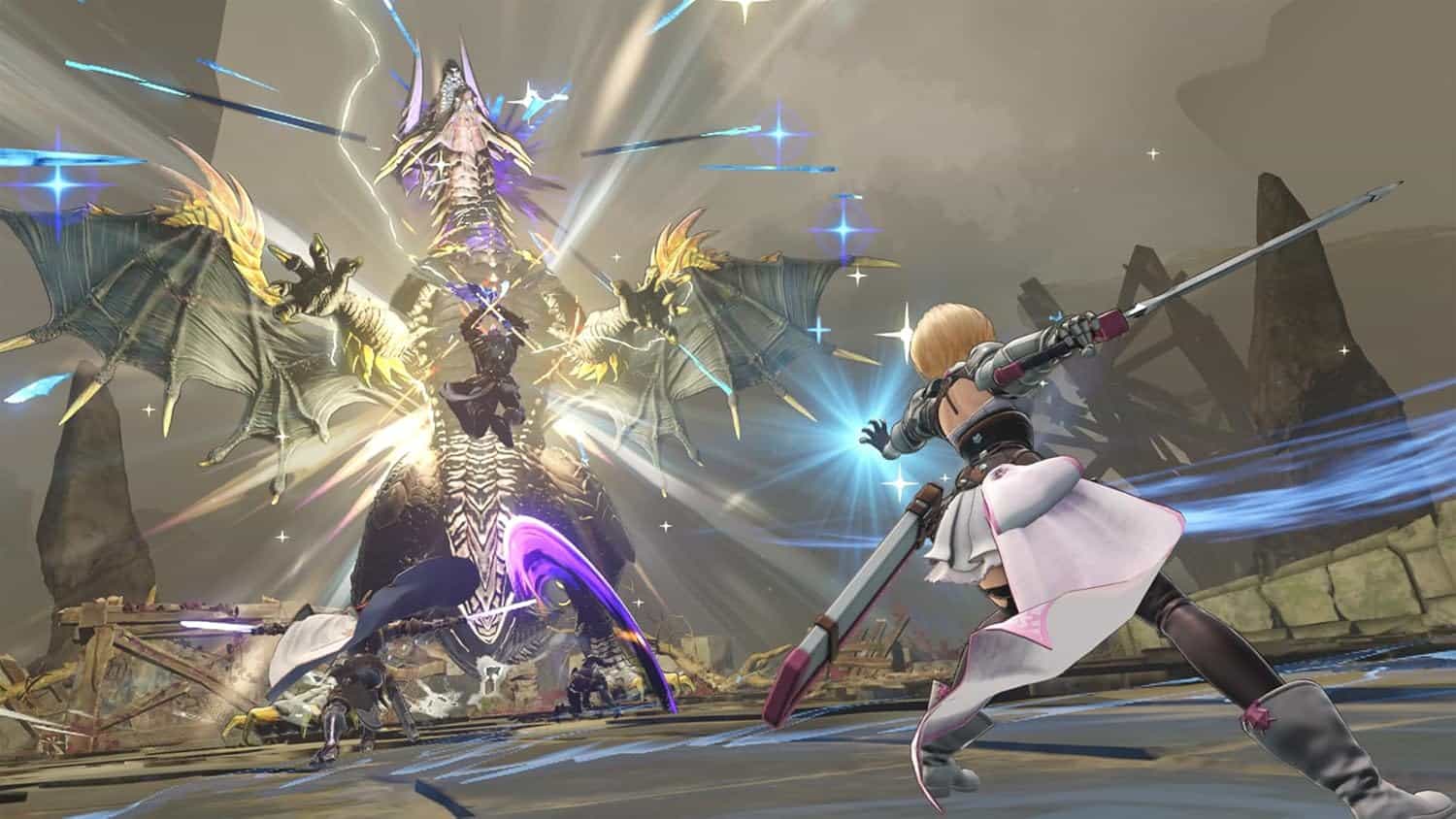 Intense dragon fight scene featuring a hero wielding a spear in a fantasy game environment.