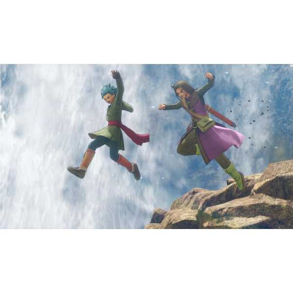 Two characters jumping over a waterfall in DRAGON QUEST XI S game.