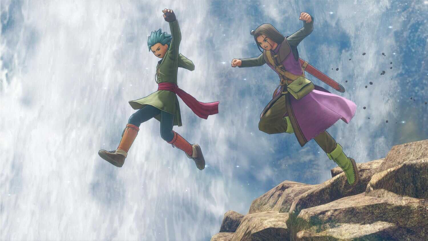 Two characters jumping over a waterfall in DRAGON QUEST XI S game.