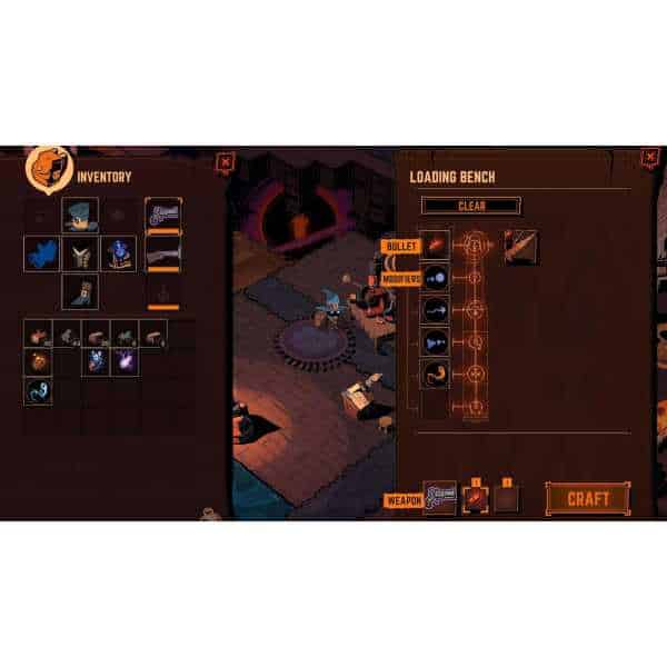 Gameware inventory and crafting interface with weapons and modifiers.